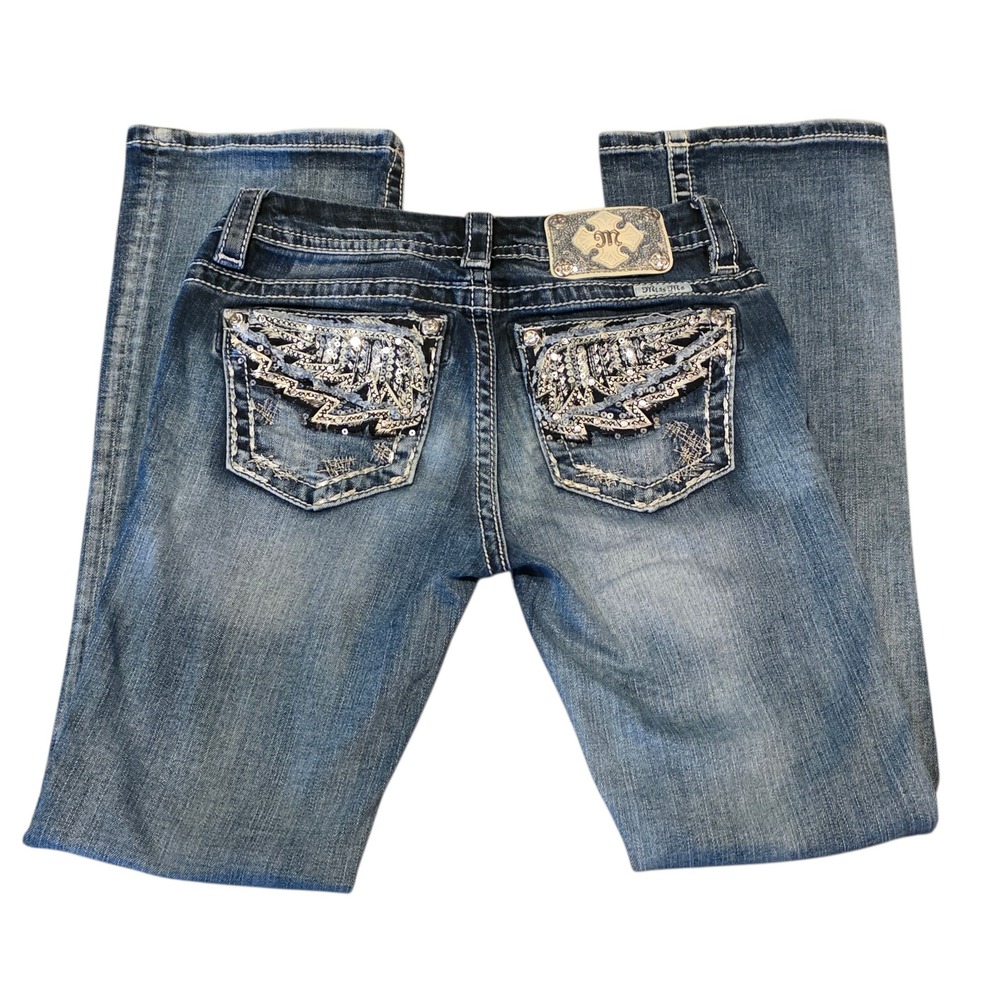 Miss Me Standard‎ Boot Dark Wash Embellished Wing Pocket Jeans ME8691B2A 26 x 31
